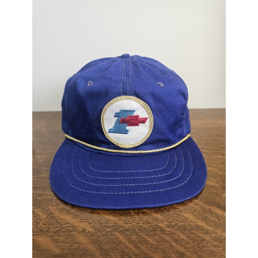 Vintage Chevrolet Chevy Hat Strap Back Blue Embroidered Patch Rope Mens Auto 80s
